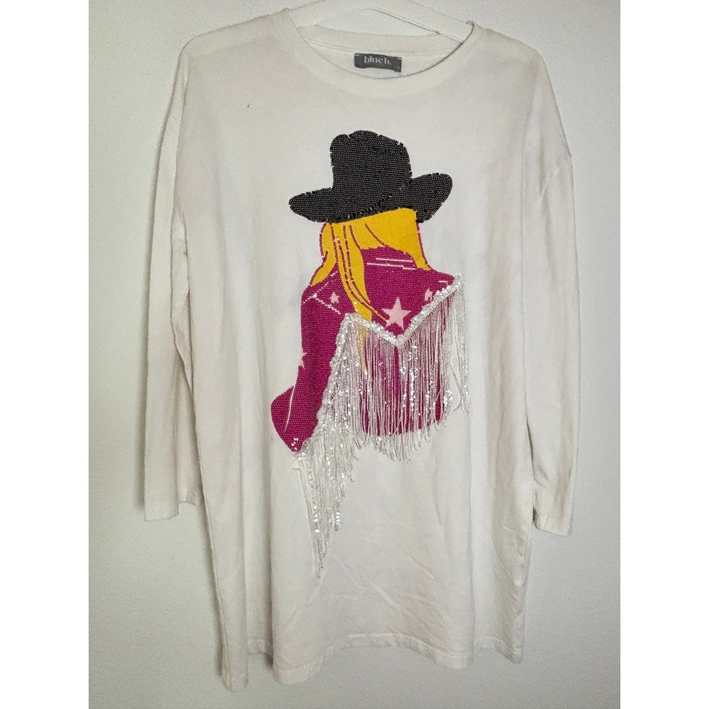 Blue B. Collection White Cowgirl Graphic Fringe T-Shirt Long Sleeve‎ Western S